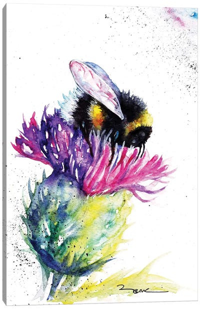 Bee And Thistle Canvas Art Print - Insect & Bug Art