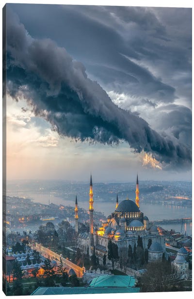 Istanbul Thunderstom Mosque Canvas Art Print - Night Sky Art