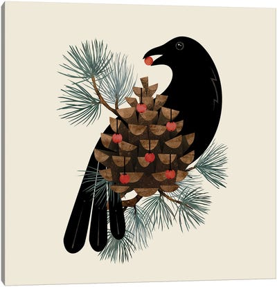 Bird And Berries Canvas Art Print - Crow Art