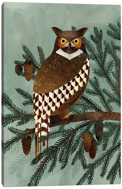 Horned Owl In The Pines Canvas Art Print - Owl Art