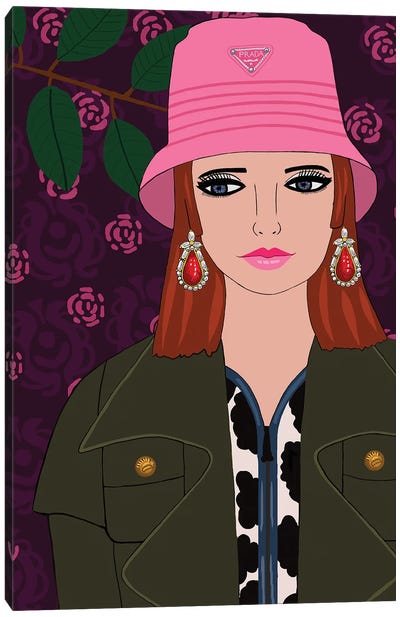 Woman With Pink Prada Hat Canvas Art Print - Women's Coat & Jacket Art