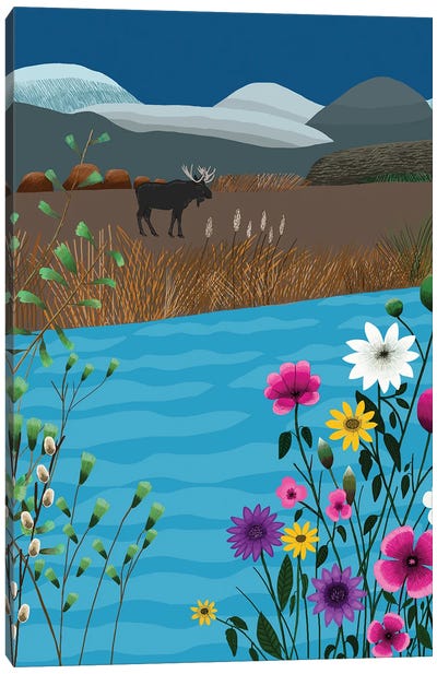 Landscape With Moose And Flowers Canvas Art Print - Moose Art