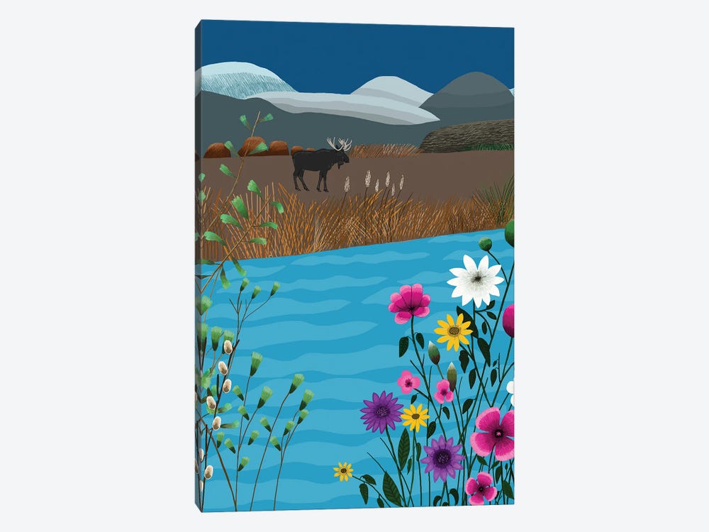 Landscape With Moose And Flowers by Jackie Besteman 1-piece Art Print