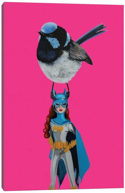 Fiary Wren Bird On Bat Girl Doll Canvas Art Print - Superhero Art