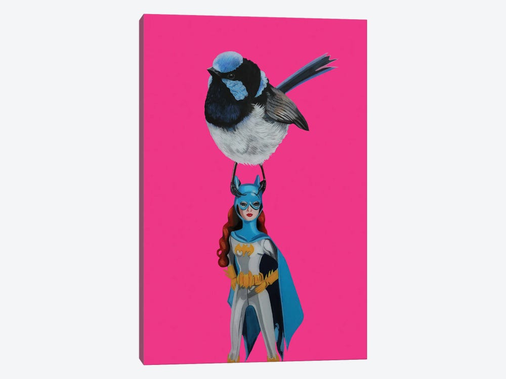Fiary Wren Bird On Bat Girl Doll by Jackie Besteman 1-piece Canvas Art Print