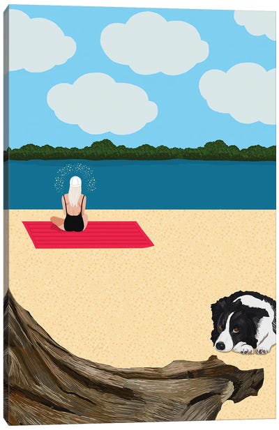 Woman Meditating On The Beach With Dog Canvas Art Print - Jackie Besteman