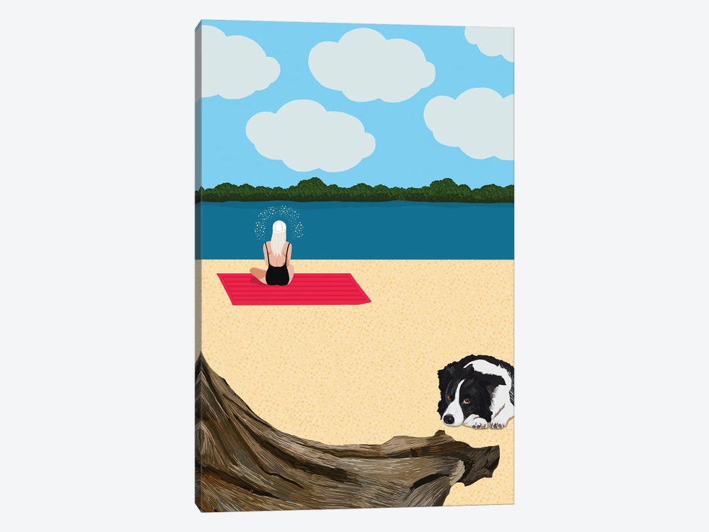 Woman Meditating On The Beach With Dog by Jackie Besteman 1-piece Canvas Wall Art