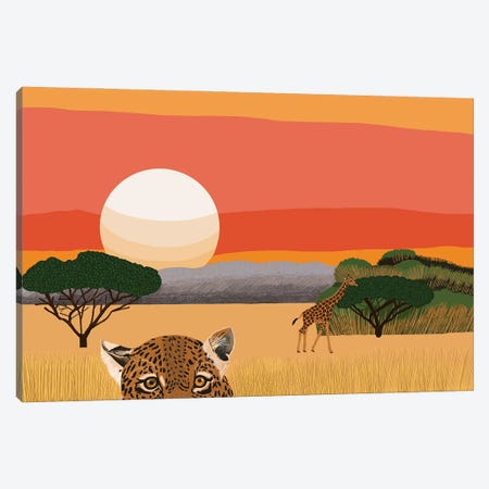 African Landscape With Leopard And Giraffe Canvas Print #BTM42} by Jackie Besteman Canvas Art