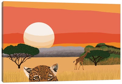 African Landscape With Leopard And Giraffe Canvas Art Print - Giraffe Art