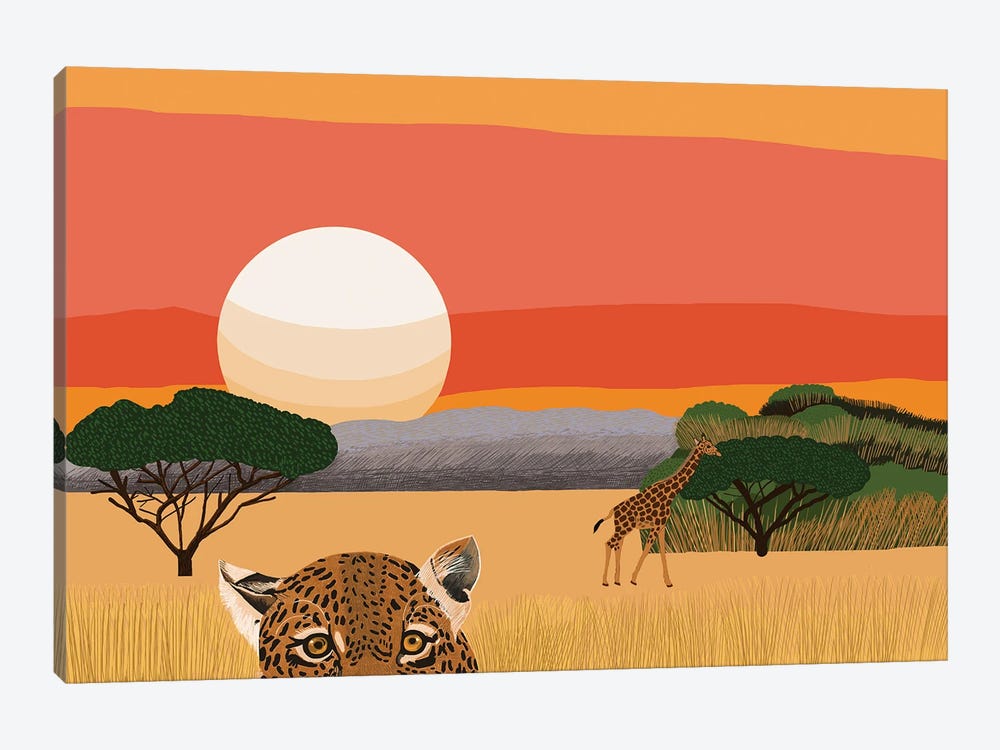 African Landscape With Leopard And Giraffe by Jackie Besteman 1-piece Canvas Art Print