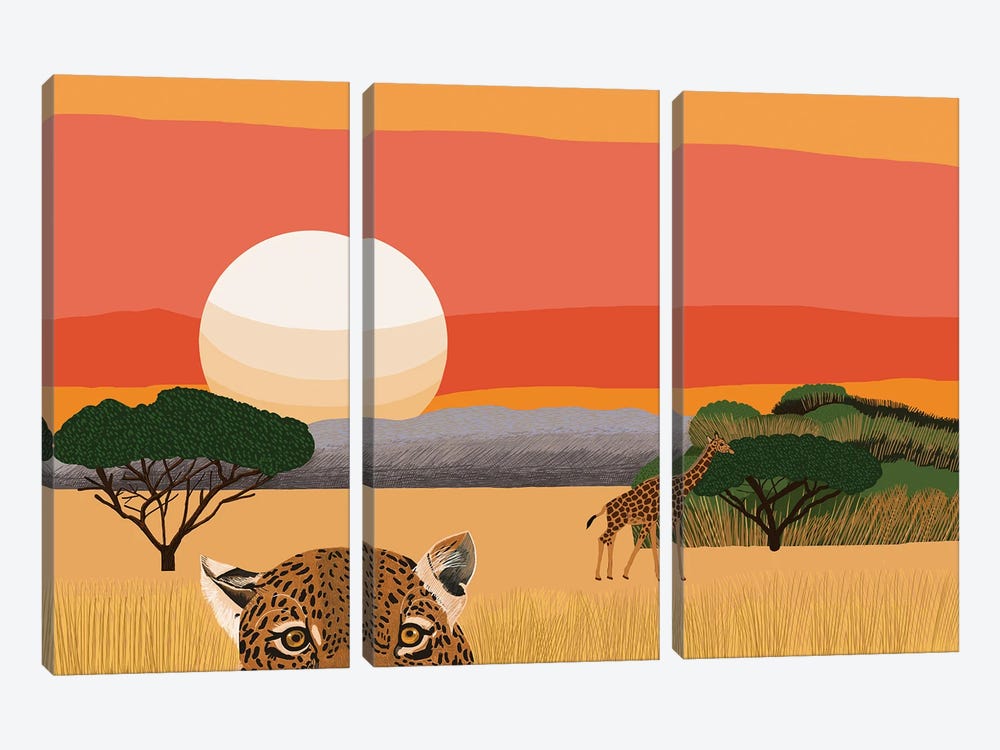 African Landscape With Leopard And Giraffe by Jackie Besteman 3-piece Art Print