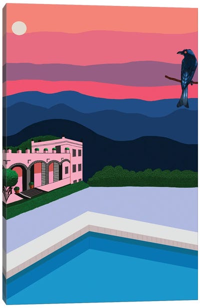 Sunset With Swimming Pool And Bird Canvas Art Print - Crow Art
