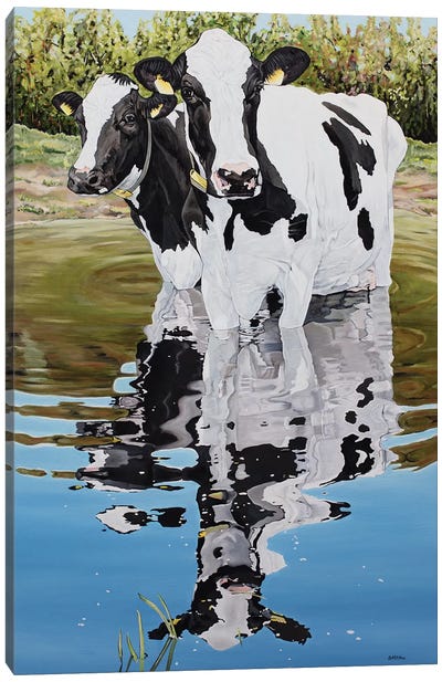 Two Cows In A Creek Canvas Art Print - Clara Bastian