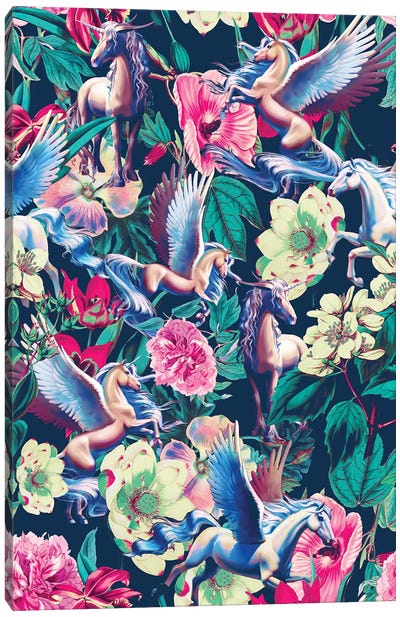 Unicorn And Floral Pattern Canvas Art Print - Burcu Korkmazyurek