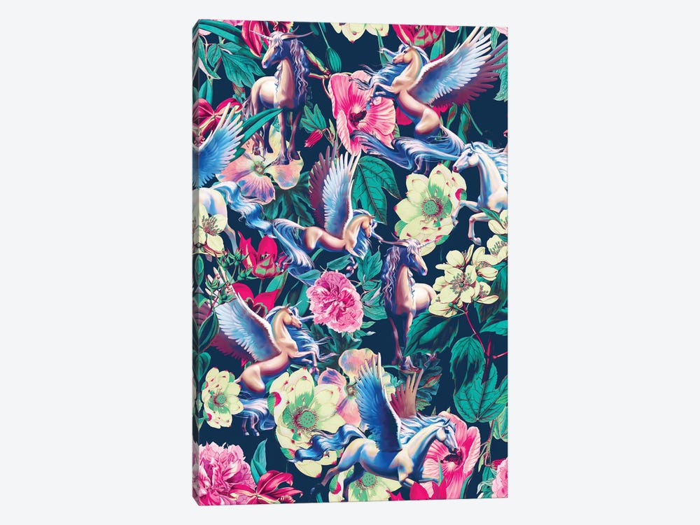 Unicorn And Floral Pattern by Burcu Korkmazyurek 1-piece Canvas Art Print