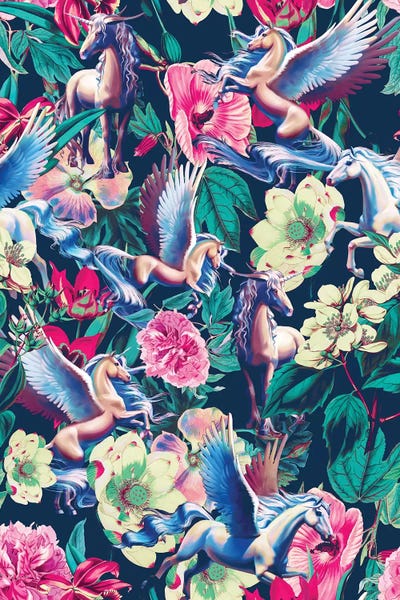 Pegasus: Unicorn And Floral Pattern by Burcu Korkmazyurek
