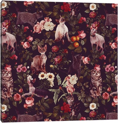 Floral And Cats Pattern Canvas Art Print - Tabby Cat Art