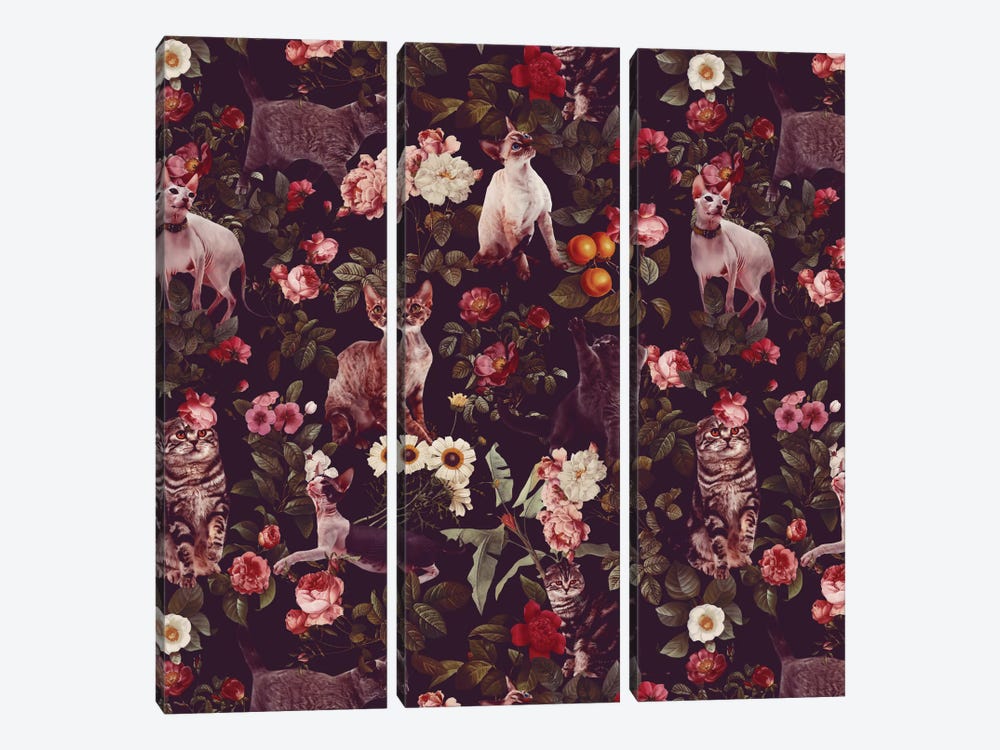 Floral And Cats Pattern by Burcu Korkmazyurek 3-piece Canvas Art