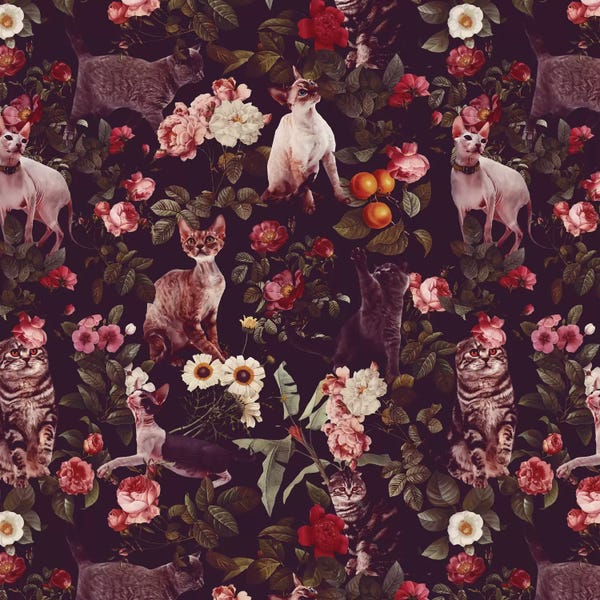Burcu Korkmazyurek: Floral And Cats Pattern by Burcu Korkmazyurek