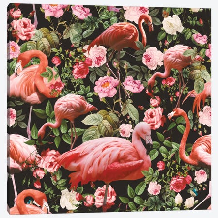 Floral And Flamingo Pattern Canvas Print #BUR16} by Burcu Korkmazyurek Canvas Artwork