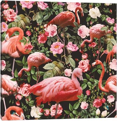 Floral And Flamingo Pattern Canvas Art Print - Animal Patterns