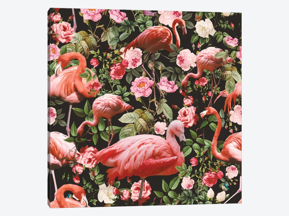 Floral And Flamingo Pattern by Burcu Korkmazyurek 1-piece Canvas Print