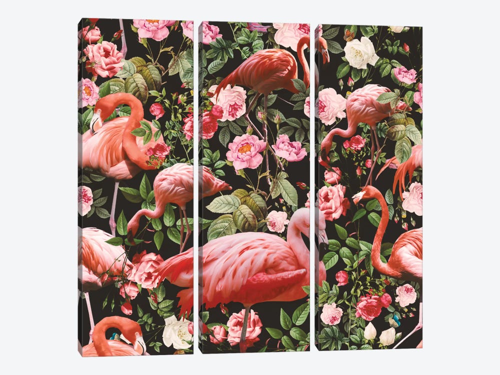 Floral And Flamingo Pattern by Burcu Korkmazyurek 3-piece Canvas Print
