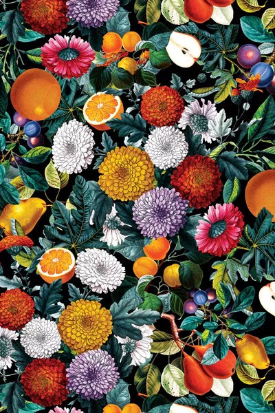 Chrysanthemums: Vintage Fruit Pattern VIII by Burcu Korkmazyurek