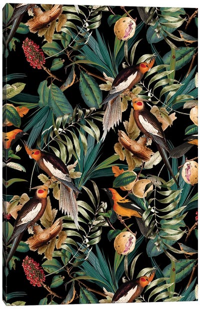 Floral And Birds Vintage Garden Night Canvas Art Print - Burcu Korkmazyurek