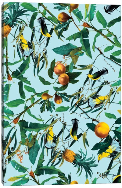 Fruit And Birds Pattern Canvas Art Print - Green Leaves 