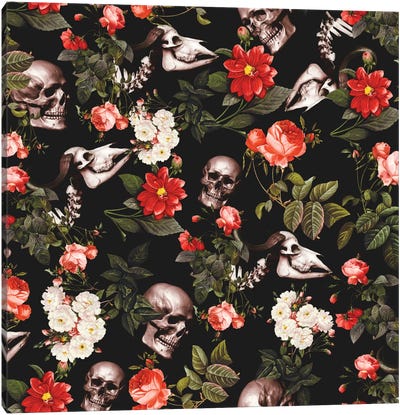 Skull And Floral Canvas Art Print - Burcu Korkmazyurek