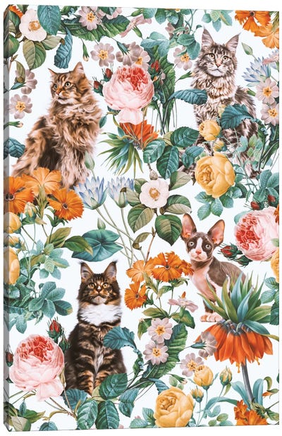 Floral And Cats Pattern II Canvas Art Print - Floral & Botanical Patterns