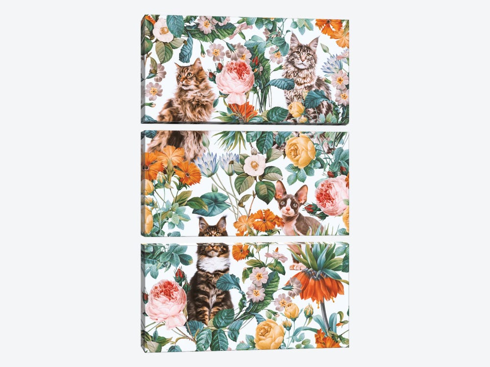 Floral And Cats Pattern II by Burcu Korkmazyurek 3-piece Art Print
