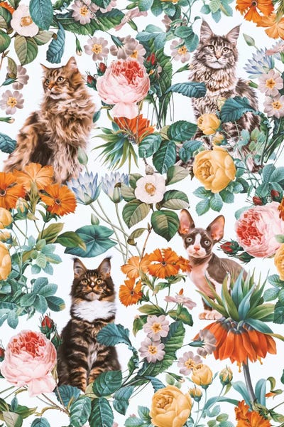 Burcu Korkmazyurek: Floral And Cats Pattern II by Burcu Korkmazyurek