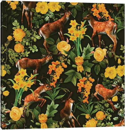 Deer And Floral Pattern Canvas Art Print - Deer Art