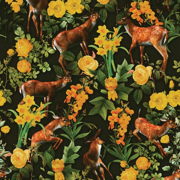Deer And Floral Pattern by Burcu Korkmazyurek wall art
