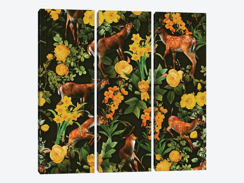 Deer And Floral Pattern by Burcu Korkmazyurek 3-piece Canvas Print