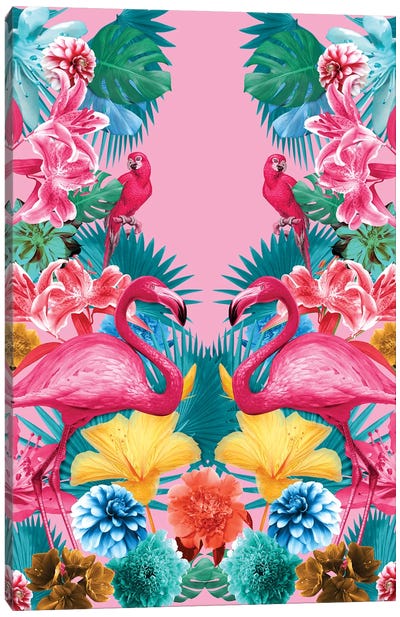Flamingo And Tropical Garden Canvas Art Print - Burcu Korkmazyurek