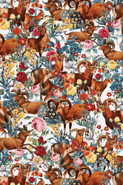 Animal Patterns: Capra Cylindricornis And Floral Pattern by Burcu Korkmazyurek