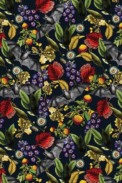 Violets: Flying Fox And Floral Pattern by Burcu Korkmazyurek