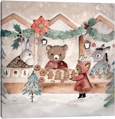 Christmas Market Canvas Art Print - Brown Bear Art