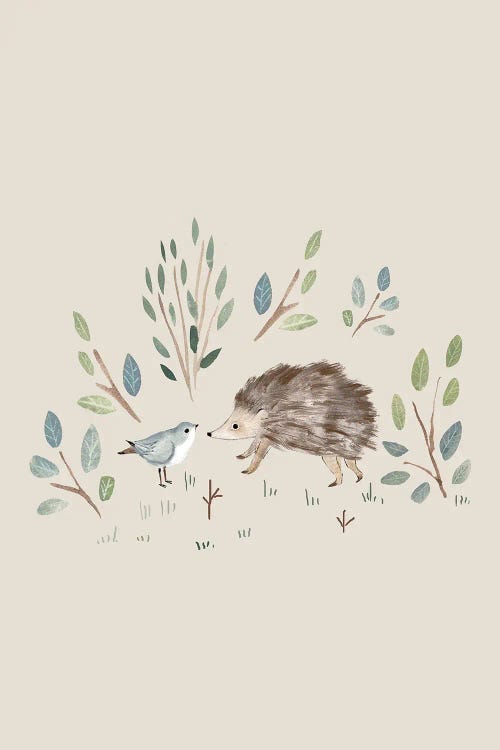 Cute Animals - Bird And Hedgehog by Bernadett Urbanovics wall art