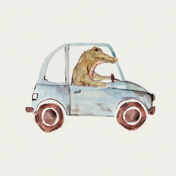 Kids Transportation Art: Africa Series - Crocodile In Car by Bernadett Urbanovics