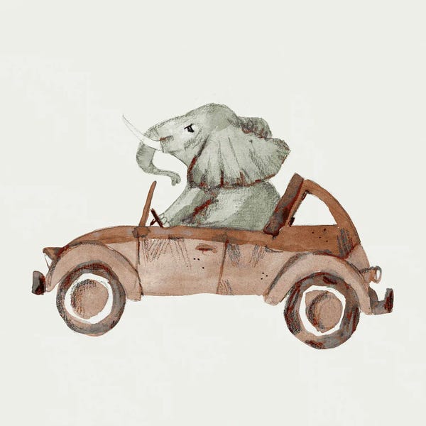 Kids Transportation Art: Africa Series - Elephant In Car by Bernadett Urbanovics