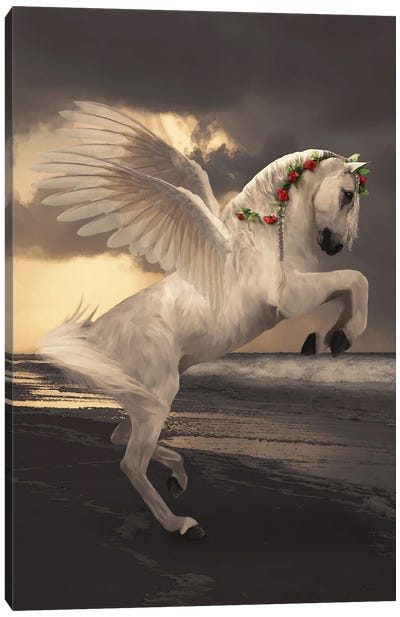 Pegasus With Roses Canvas Art Print - Friendly Mythical Creatures