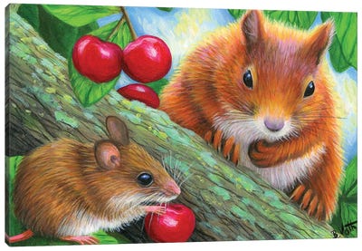Friends In The Cherry Tree Canvas Art Print - Mouse Art