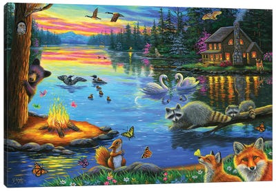Lakeside Evening Canvas Art Print - Raccoon Art