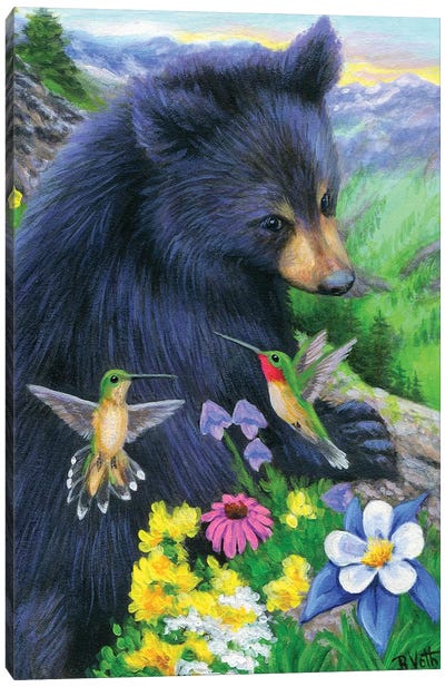 Little Bear's Humming Friends Canvas Art Print - Black Bear Art