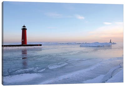 Frozen Harbor Canvas Art Print - Lighthouse Art