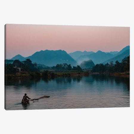 Asia, Vietnam, Pu Luong Nature Reserve. Lone Man Takes Simple Raft Out Onto River For Sunset Cruise. Canvas Print #BYM1} by Bryce Merrill Canvas Artwork
